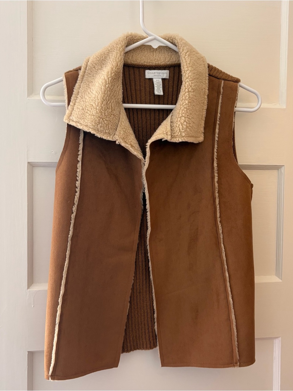 Charter Club Brown Vest with Cream Faux-Shearling Collar